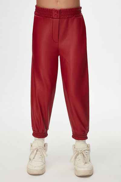 LOVETTI Red Girls' Winter Leather Trousers with Snap Fastener and Drawstring