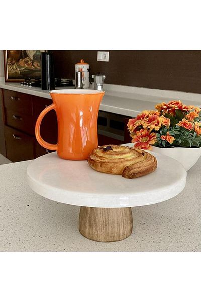 Akayev White Thick Round Presentation Plate with Marble 28 cm Conical Wooden Legs