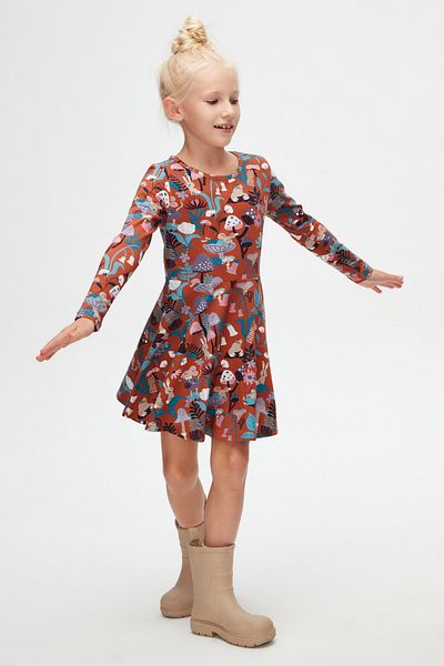LOVETTI Brown Girl's Forest Animals Pattern Long Sleeve Dress