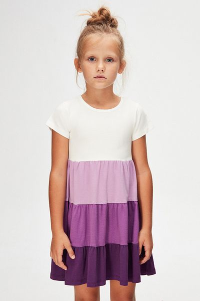 LOVETTI Ecru-purple Girl's Layered Colored Short Sleeve Dress