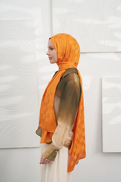 ARMANDA Orange Italian Jacquard Checkers Patterned Shawl