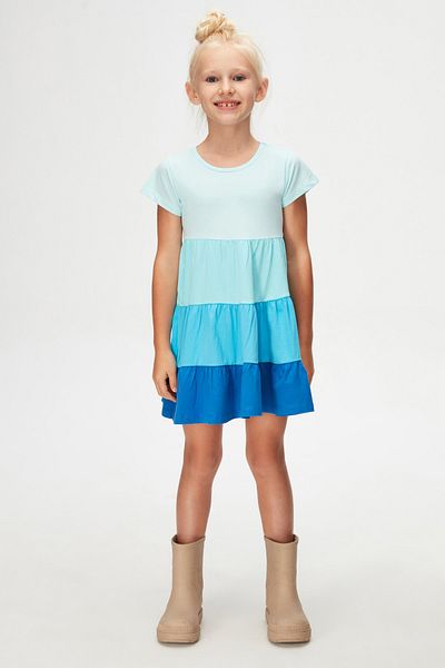 LOVETTI Soft Turquoise-Sax Short Sleeve Colorful Layered Dress for Girls