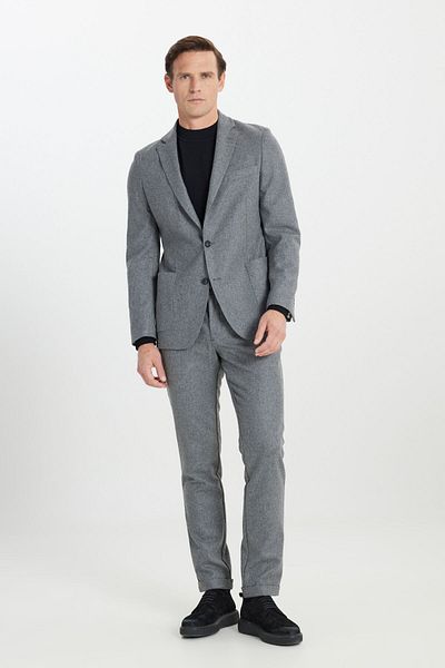 ALTINYILDIZ CLASSICS Men's Gray Wool Slim Fit Slim Fit Mono Collar Waist Tie Bag Pocket Suit