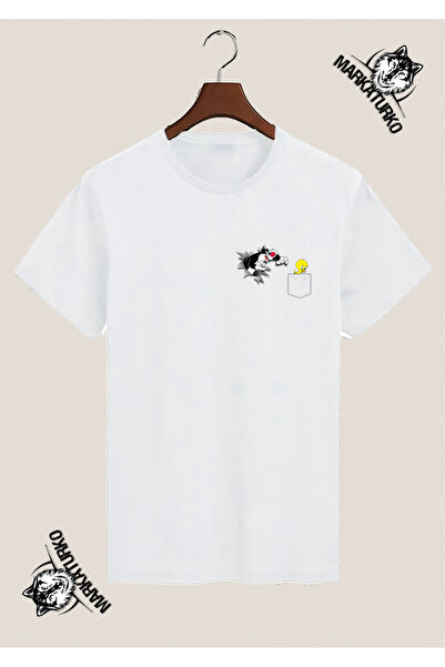 MarkaTurko تيشيرت توم اند جيري بجيب مطبوع بتصميم خاص أبيض 6009-21