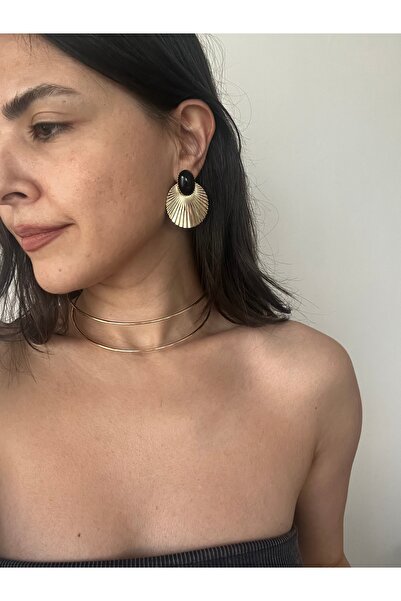 Hoop jewelery tasarım siyah doğaltaşlı yelpaze model küpe