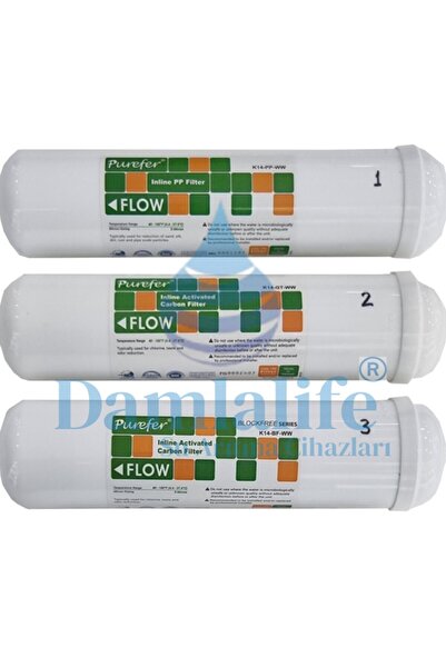 damlalife 12" Purefer  NSF 3 Lü Çubuklu İnline Filtre Seti