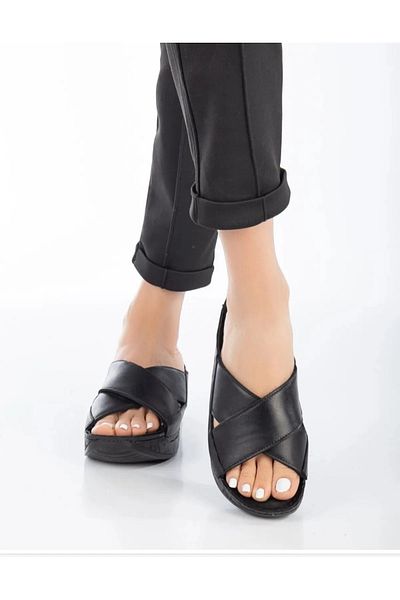Deniz Terlik Genuine Leather Full Orthopedic Thick Heel Slippers