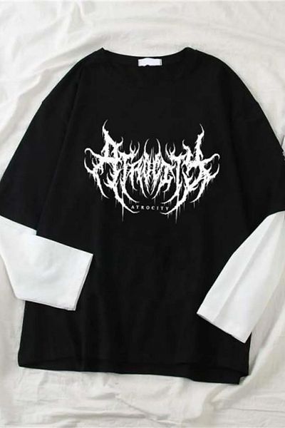 Köstebek Μαύρο μπλουζάκι Harajuku Gothic Atrocity με λευκό μανίκι Unisex