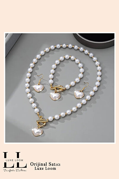 Luxe Loom Zarafetin Işıltısı Kadın Gold Zirkon Taşlı Kalpli Incili Kolye Küpe Bileklik Seti 001