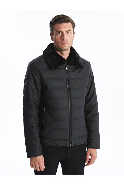 LC Waikiki Μαύρο ανδρικό δερμάτινο παλτό με γιακά πουκάμισου