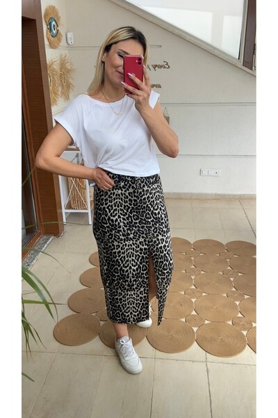 Aychayla Leopar Desenli Yırtmaçlı Jean Midi Etek