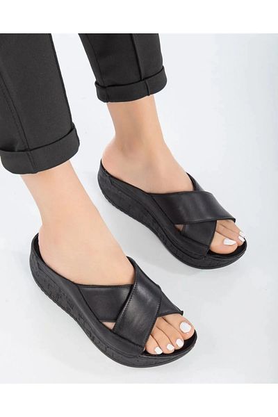 Deniz Terlik Genuine Leather Full Orthopedic Thick Heel Slippers