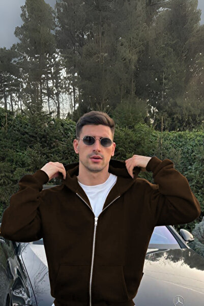 YAKAMEL Erkek KAHVERENGİ 3 İplik Fermuarlı Kalın Kışlık Büyük Beden Oversize ...