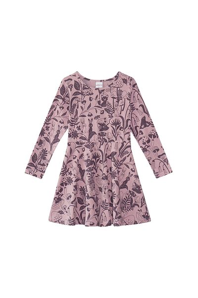 LOVETTI Dusty Rose Girl's Forest Animals Pattern Straight Long Sleeve Dress