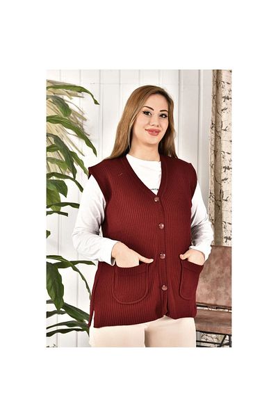 Lonca Tekstil Tricotaj de damă, roșu Claret, cu nasturi, vestă pentru mamă, mărime mare, cu buzunare, potrivire relaxată