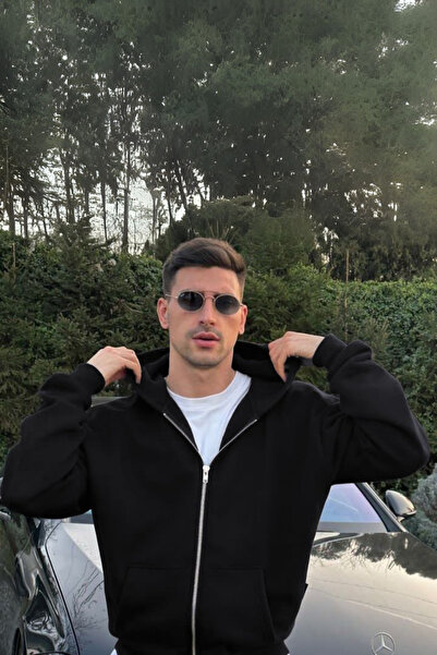 YAKAMEL Erkek SİYAH 3 İplik Fermuarlı Kalın Kışlık Büyük Beden Oversize Basic...