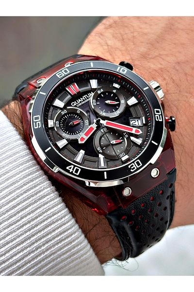 Quantum Function Black Color Leather Band Steel Case Men's Wrist Watch 1107.851