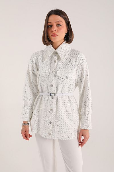 Melike Tatar White Sequin Denim Jacket 32-3419