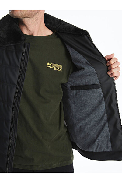 LC Waikiki Μαύρο ανδρικό δερμάτινο παλτό με γιακά πουκάμισου