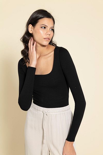 FOR YOU MODA Double Layer Modal Square Neck Black Blouse