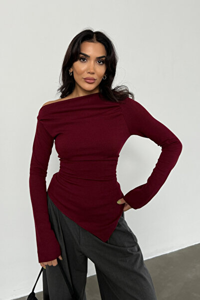 Bipantolon Burgundy Anthracite 2-Piece Blouse - Draped, Boat Neck, Asymmetrical Lycra Knitted Blouse