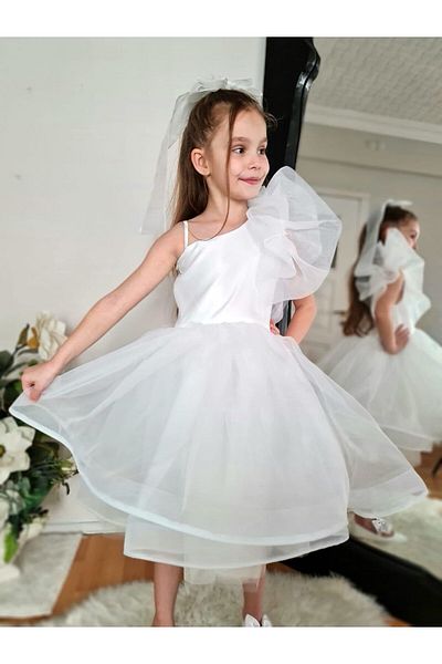 Sare Çocuk Giyim White One Sleeve Puffy Shoulder Detail Princess Alice Birthday Party Dress