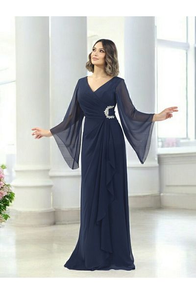 FaBe Fashion White Chiffon Wedding Engagement Promise and Outside Shooting Dress with Long Shawl Sleeves V-Neck Waist Stone Accessories
