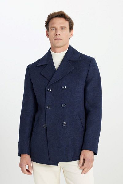 ALTINYILDIZ CLASSICS Standard Fit Regular Cut Mono Collar Checkered Side Pocket Navy Blue Coat with Thermometer