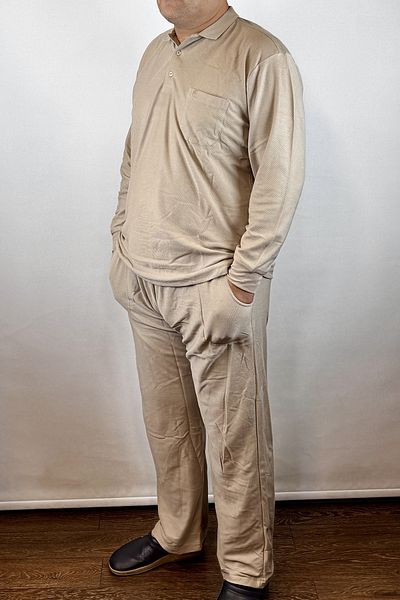 TANİŞ GİYİM Men's Polo Neck Plus Size Pocketed Beige Lower Top Sleepwear Tracksuit Set