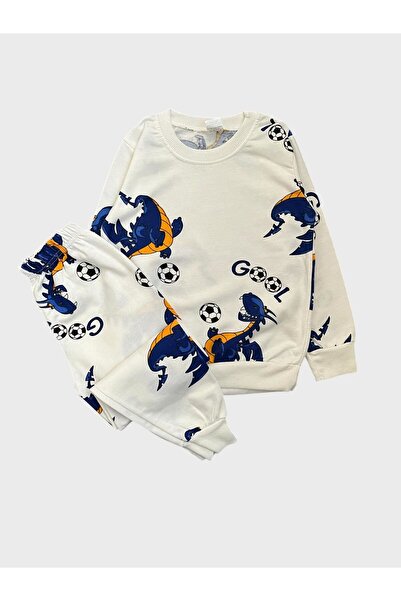ALİŞ KİDS Boy's Cotton Raster White Blue Dinosaur Football Ball Pattern Long Sleeve Pajamas Set