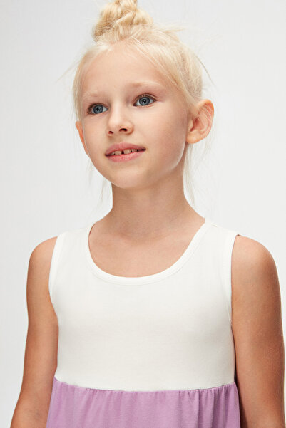 LOVETTI Ecru-purple Girl's Layered Colored Gathered Strap Dress