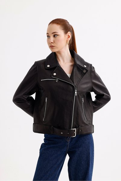 LİDYA DERİ Genuine Real Women's Biker Leather Jacket