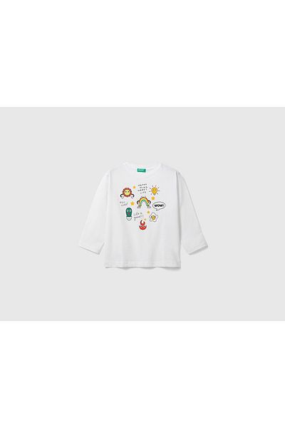 Benetton Tricou alb cu mânecă lungă pentru băiat