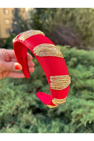 ByMerve Red Satin Evening Dress - Thick Gold and Hand Embroidered Women's Hair Accessory