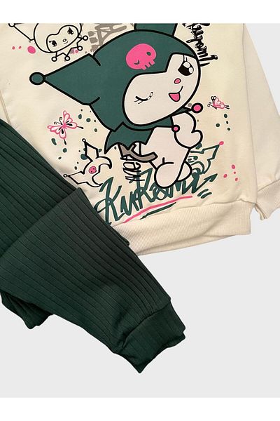 ALİŞ KİDS Girls' Cotton White Green Kuromi Character Patterned Long Sleeve Seasonal Pajamas Set