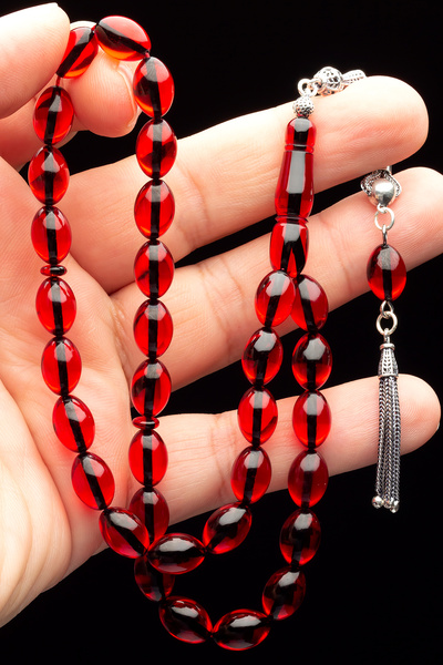 OTTOTESBİH Men's Silver Tassel 8X12Mm Fire Amber Rosary