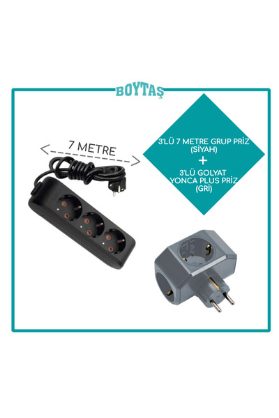VİKO 7 METRE / 3'LÜ SİYAH GRUP PRİZ + GRİ YONCA PLUS GOLYAT PAKET / ÖZNUR KAB...