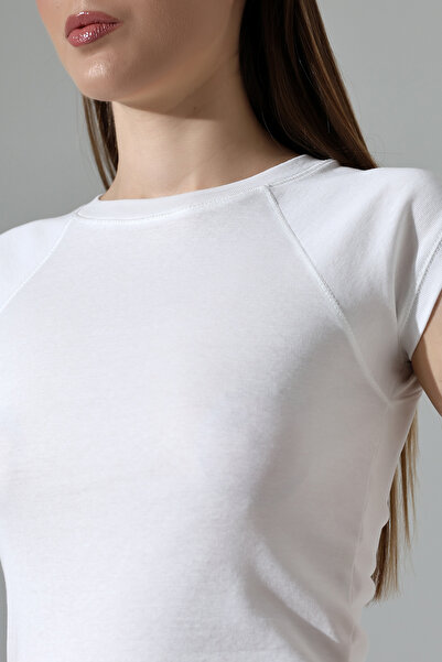 Endies Χτενισμένο βαμβακερό μπλουζάκι με ραβδώσεις Lycra Λεπτομερές βαμβακερό μπλουζάκι Raglan 21890 ΛΕΥΚΟ