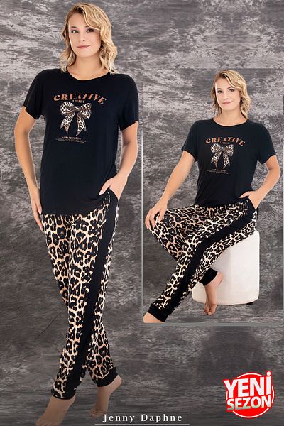 Jenny Daphne Set tricou și pijama cu decolteu rotund din viscoză cu imprimeu Lady Leopard - 12593