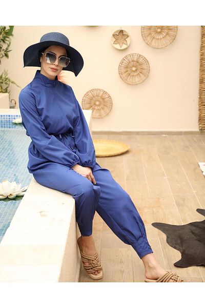 ns tasa Leg Pleated Saks Blue Design Hijab Jumpsuit Swimsuit
