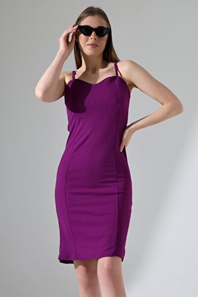 Deafox Mürdüm Kalp Yaka Kalın Askılı Krep Kumaş Kalem Elbise