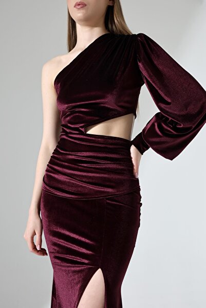 Deafox Rochie de seară cu un singur braț din țesătură din catifea decoltată în talie