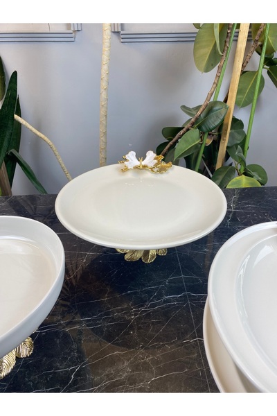 La Micellar Rocher White Butterfly Kand Footed Porcelain Bowl Plate Presentation Set & Metal Footed Salad Food Presentation