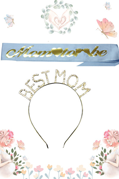 Larenya Cel mai bun set de baby shower cu coroană și bandă metalică - Albastr...