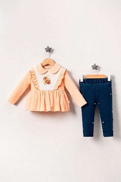 VALERY Baby Girl Pearl Pants Powder Double Bottom Top Set