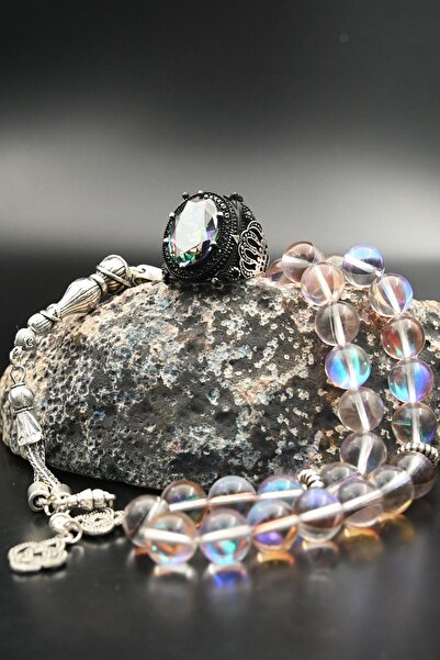 Prestige 925 Ayar Gümüş Mistik Topaz Taşlı Kral Taç Motifli Erkek Yüzüğü Ve 33'lük Termal Kuvars Taşlı Tesbih