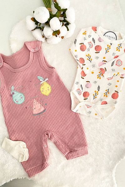 VERONA TARZ Baby Girl Fruit Embroidered 2-Piece Salopet Set Long Sleeve Snap Fastener Newborn Outfit
