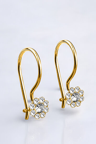 jelux silver Gümüş 925 Ayar Papatya Model Zirkon Taşlı Çocuk Gold Küpe