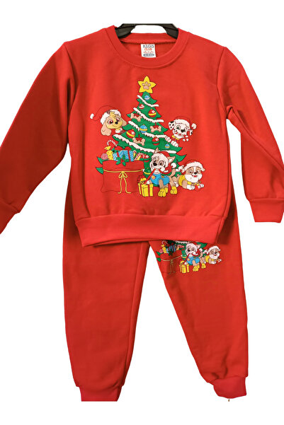 MODA Yeni Yıl Temalı Paw Patrol Baskılı Kırmızı Alt Üst Takım Unisex