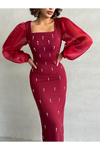 Housebutik فستان سهرة بأكمام بالون بتفاصيل حجرية